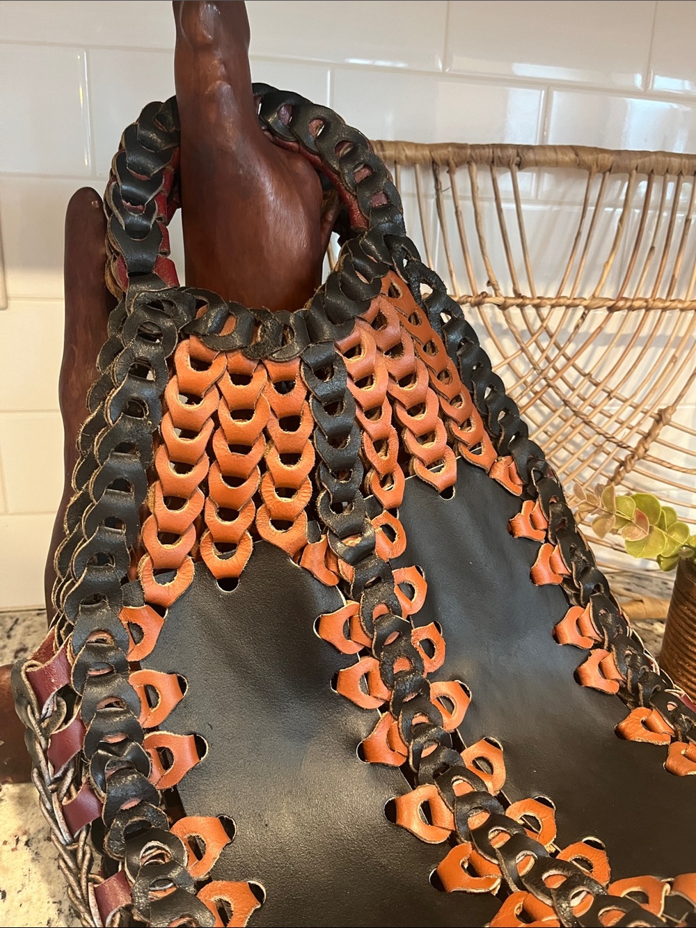 Woven Two-Tone Black & Brown Leather Tote - Picture 7 of 9
